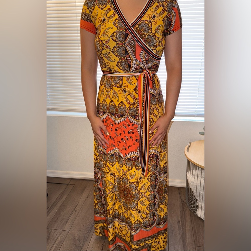 Mlle Gabrielle Orange Gold Halter Wrap Maxi Dress